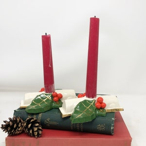 Vintage Ceramic Holly Leaves and Berries Candle Holders