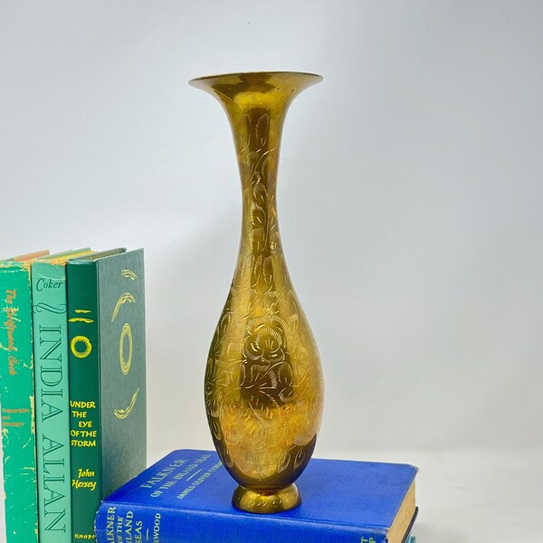 Vintage Tall Etched Brass Vase, Made in India