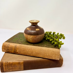 May include: A small, brown and tan ceramic vase with a green leafy plant on top of two vintage books. The books have green and gold covers with text on the spines.