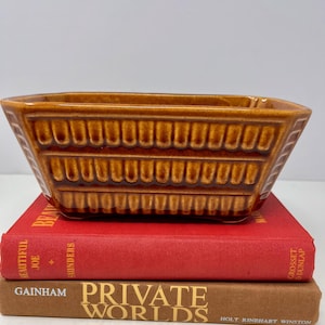 May include: A rectangular, brown ceramic planter with a textured, repeating pattern. The planter sits atop two vintage books with red and brown covers. The books are titled "Beautiful Joe" and "Private Worlds".