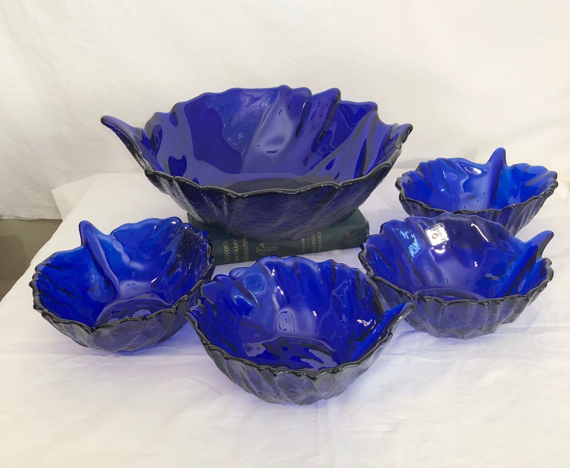 Vintage Blenko Cobalt Salad Bowl Set // Cabbage Leaf Design // Etsy