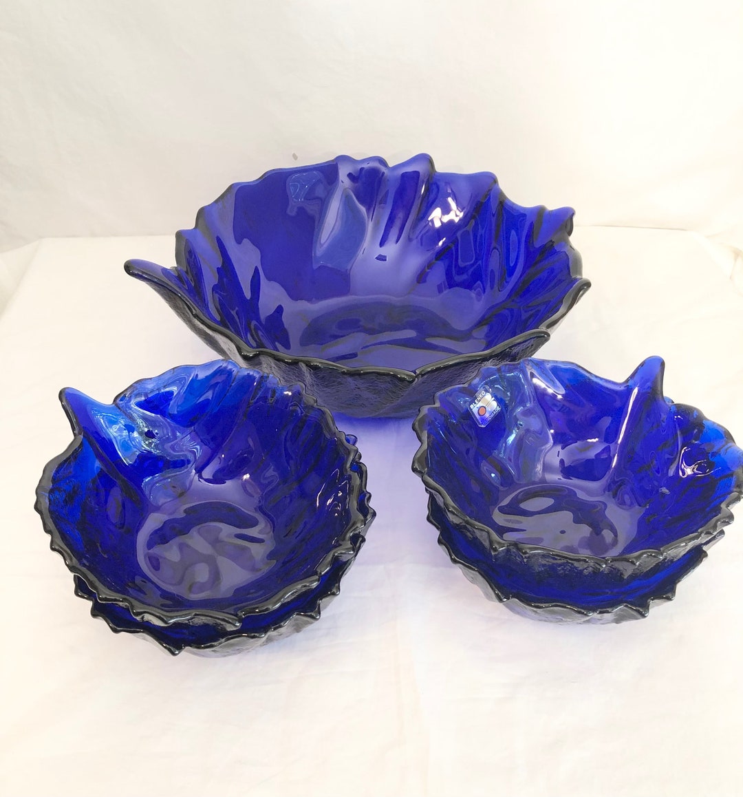 Vintage Blenko Cobalt Salad Bowl Set, Cabbage Leaf Design, Serving Bowl