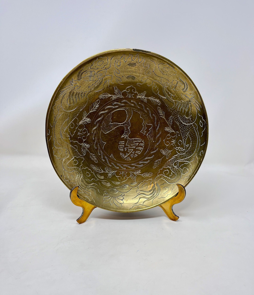 Vintage Chinese Etched Brass Bowl // Shallow Brass Bowl // Etsy