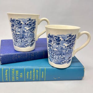 Könnte beinhalten: Zwei weiße Keramikbecher mit blauem Transferdruck von einem Herrenhaus und Bäumen. Die Becher haben gebogene Henkel und stehen auf einem blauen Buch. Klassischer Stil.