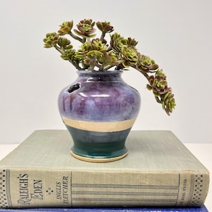 May include: A small, handcrafted ceramic vase in shades of purple, blue, and green, holding a succulent plant. The vase sits atop a stack of vintage books with titles visible. The books are in shades of blue and green.