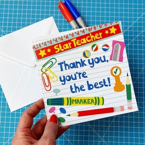 Leraar wenskaart. 'Bedankt, jij bent de beste!' Vierkant met envelop| Kleurrijk | Gerecycled papier, gemaakt in het VK