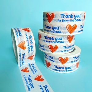 Nastro adesivo per pacchi di piccole dimensioni, confezione da 2 - "Grazie per aver fatto acquisti in piccolo" - carta bianca - 50 m x 50 mm