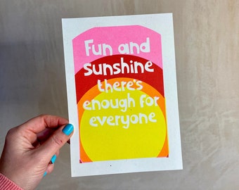 NEW! Bright Riso print | Fun and Sunshine | Limited Edition 3 colours | A5 size |  | Printed locally in Kent on recycled paper