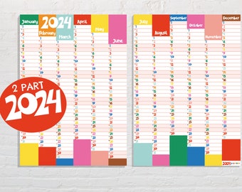 NEW! Wall Calendar 2024 | 2-way Yearly Planner | Colour block | A2 size x 2, total A1 size. 100% Recycled paper | Carbon Neutral