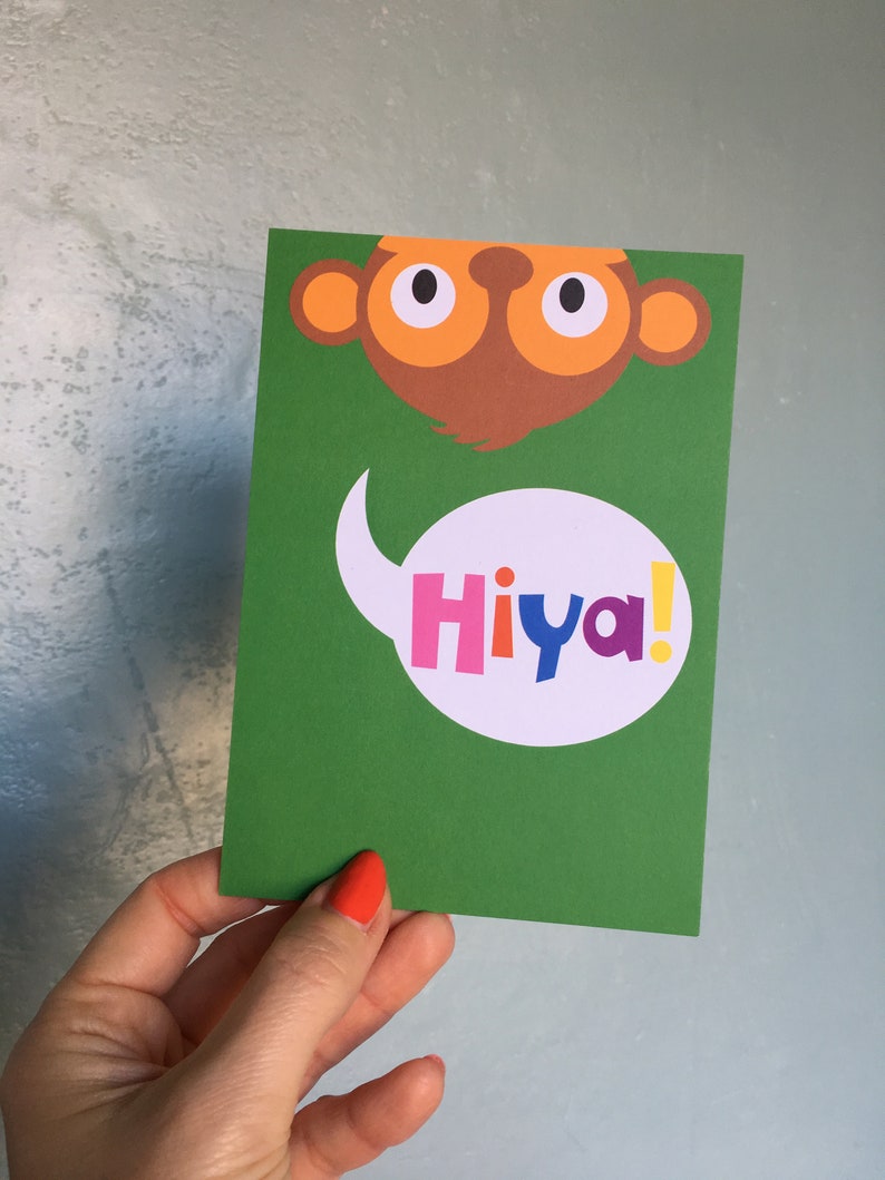 SALE Postcard Hiya Poppekins card for every happy occasion Colourful card of recycled paper Party invite monkey image 1