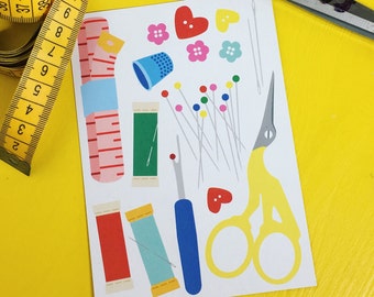 Sewist Crafty Seamstress Postcard | "Haberdashery" | Colourful | Recycled paper