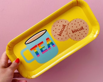 Teacher gift idea: Tea and Biscuits Melamine Tray - Colourful Desk Tidy / Snack or Tea Tray - Made in the UK