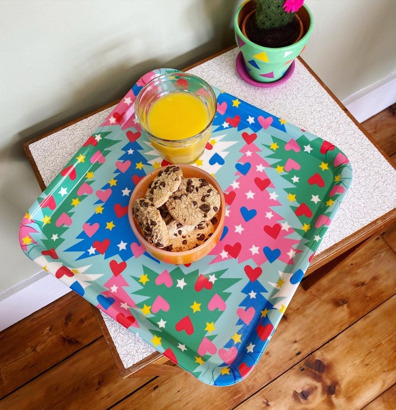 Square Christmas Tree Melamine Tray Colourful Tea Tray Made in the UK Blue