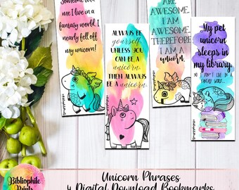 Unicorn Funny Phrases Bookmarks - Digital Bookmarks - Digital Download - Bookmark - Watercolor Bookmarks - Character Bookmarks