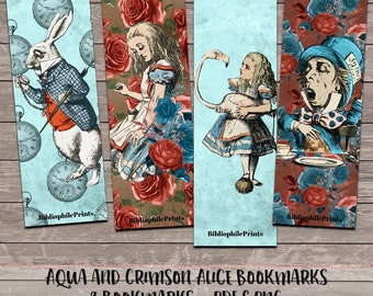 Aqua and Crimson Alice in Wonderland Bookmarks - Digital Bookmarks - Digital Download - Bookmark - Planner Girl Bookmarks - Classic Alice