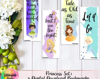 Princess Set 1 Bookmarks - Digital Bookmarks - Digital Download - Bookmark - Watercolor Bookmarks - Character Bookmarks