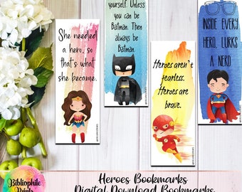 Heroes Bookmarks - Digital Bookmarks - Digital Download - Bookmark - Watercolor Bookmarks - Character Bookmarks