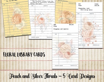 Peach and Silver Floral Digital Library Cards -Journaling Cards - Ephemera - Rapunzel - Printables - Junk Journal - Digital Cards -notecards