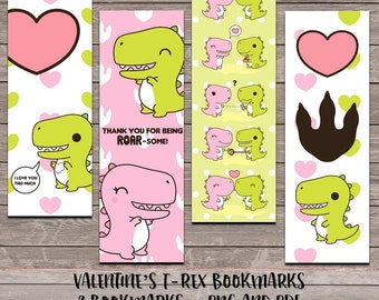 Kawaii Valentines T-Rex Bookmarks - Digital Bookmarks - Digital Download - Bookmark - Kawaii Bookmarks - Dinosaurs - Valentine Card