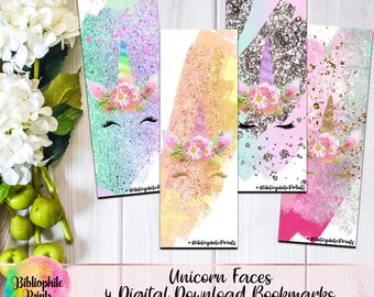 Unicorn Faces Faux Sparkly Glitter Bookmarks - Digital Bookmarks - Digital Download - Bookmark - Watercolor Bookmarks - Character Bookmarks