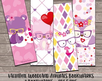 Valentine Woodland Animals Bookmarks - Digital Bookmarks - Digital Download - Bookmark - Planner Girl Bookmarks - Animals - holiday bookmark