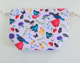 Knitting & Crochet Project Bag, Small Drawstring bag, Sock Project Bag, Gift for Knitter, Gift for Crocheter, Teacups and Birds fabric