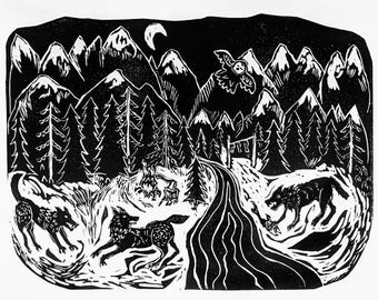 Wolves in Campsite-Linoprint
