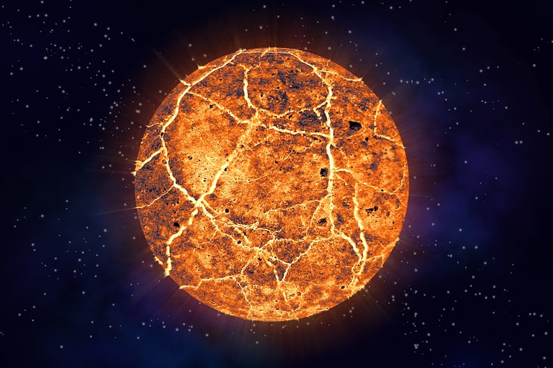 May include: A fiery, orange and red planet with a cracked surface, set against a dark blue starry background.