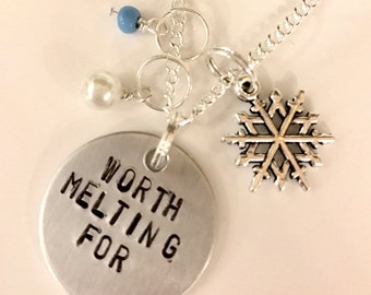Disney Frozen Inspired Hand-Stamped Necklace - "Worth Melting For"