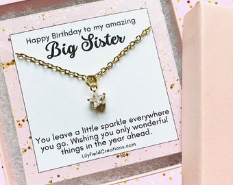 Birthday present for big sister, tiny star necklace, pink gift box | gift for her, birthday gift, sparkle, gold star, dainty star necklace