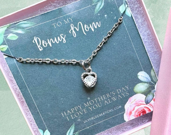 Gift for Bonus Mom, bonus mom necklace, Mother's Day Card for bonus mom, necklace in gift box | adoptive mom, silver dainty heart necklace
