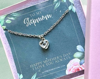 Gift for stepmother, step mother necklace, Mother's Day Card for stepmom, necklace in gift box | stepmom gift, silver dainty heart necklace