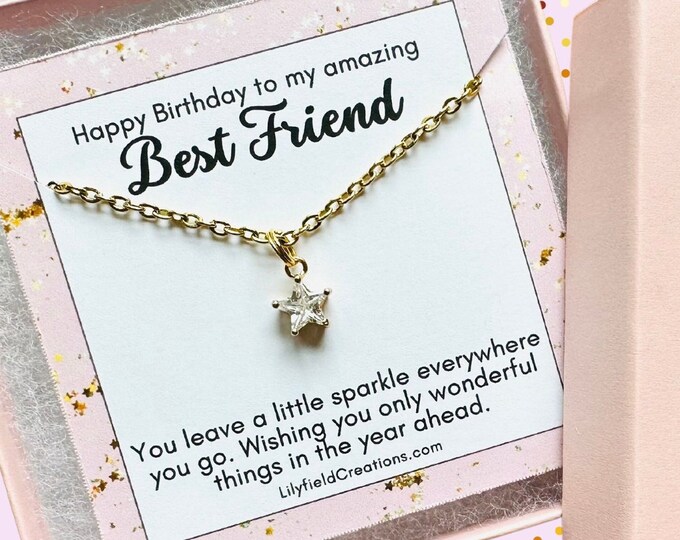 Birthday present for Best Friend, tiny star necklace, pink gift box, gift for her, birthday gift, sparkle, gold star, dainty star necklace