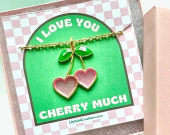 Cherry Necklace in gift box | retro necklace, heart necklace, vintage funky necklace, I love you necklace, gift for girlfriend, 90s necklace