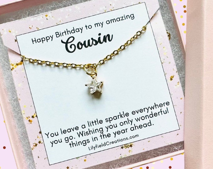 Birthday present for Cousin, tiny star necklace, pink gift box, gift for her, birthday gift, sparkle, gold star, dainty star necklace
