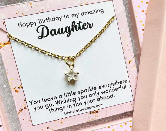 Birthday present for Daughter, tiny star necklace, pink gift box, gift for her, birthday gift, sparkle, gold star, dainty star necklace