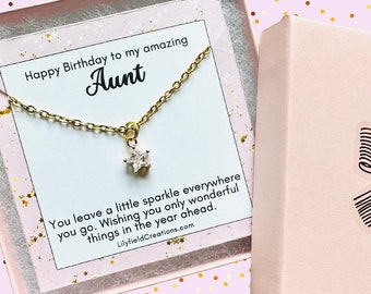 Birthday present for Aunt, tiny star necklace, pink gift box, gift for her, birthday gift, sparkle, gold star, dainty star necklace