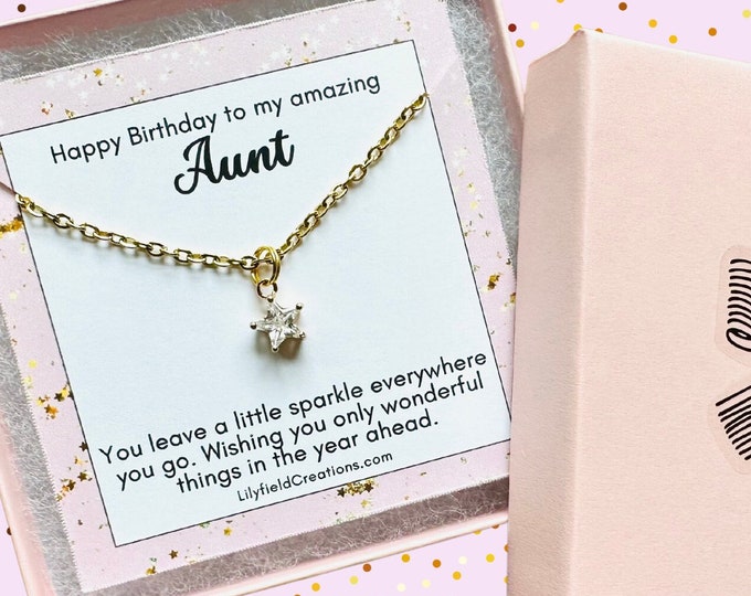 Birthday present for Aunt, tiny star necklace, pink gift box, gift for her, birthday gift, sparkle, gold star, dainty star necklace