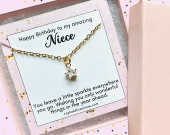 Birthday present for Niece, tiny star necklace, pink gift box, gift for her, birthday gift, sparkle, gold star, dainty star necklace, Niece