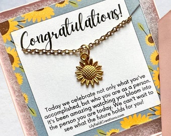 Graduation present necklace in gift box | gift for student, dainty sunflower necklace, graduation gift, congratulations gift, sun flower