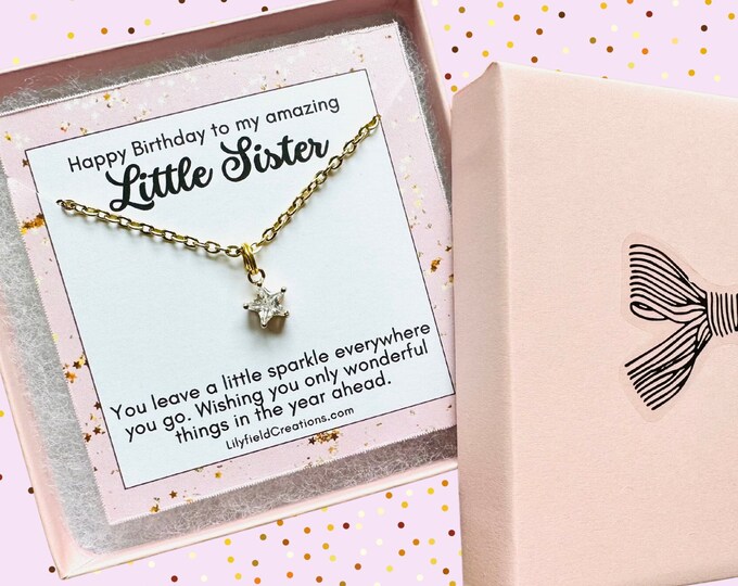 Birthday present for little sister, tiny star necklace, pink gift box, gift for her, birthday gift, sparkle, gold star, dainty star necklace
