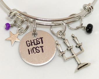 Green or Purple Disney Haunted Mansion Inspired Hand-Stamped Bangle Bracelet - "Ghost Host"