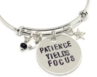 Voltron Legendary Defender Shiro Keith Inspired Hand-Stamped Bangle Bracelet - "Patience Yields Focus"