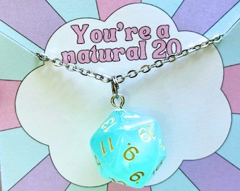 D20 DnD necklace in gift box | gift for friend gift for girlfriend gift for wife | nerdy mint green opal dice jewelry pastel kawaii