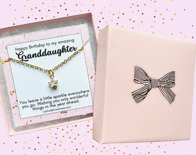 Birthday present for Granddaughter, tiny star necklace, pink gift box, gift for her, birthday gift, sparkle, gold star, dainty star necklace