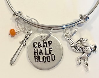 Percy Jackson, Heroes of Olympus, Trials of Apollo Inspired Hand-Stamped Bangle Bracelet - "Camp Half Blood"
