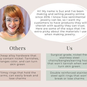 May include: A comparison chart highlighting the differences between cheap and high-quality jewellery materials. The left side shows a description of cheap alloy hardware that may contain nickel, tarnishes, changes colour, and can turn skin green. The right side shows a description of surgical grade, nickel-free stainless steel chains, bangles, and earring hooks that won't tarnish when wet or turn skin green. The chart also compares flimsy rings that hold charms and can easily break and lose charms to double reinforced stainless steel split rings that won't break or lose charms.