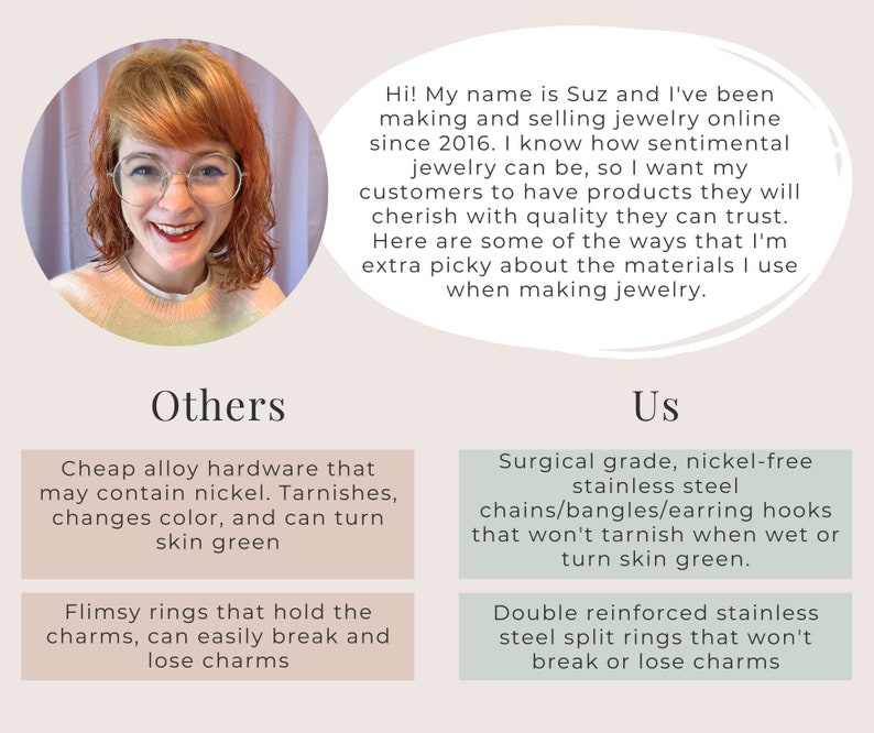 May include: A comparison chart highlighting the differences between cheap and high-quality jewellery materials. The left side shows a description of cheap alloy hardware that may contain nickel, tarnishes, changes colour, and can turn skin green. The right side shows a description of surgical grade, nickel-free stainless steel chains, bangles, and earring hooks that won't tarnish when wet or turn skin green. The chart also compares flimsy rings that hold charms and can easily break and lose charms to double reinforced stainless steel split rings that won't break or lose charms.