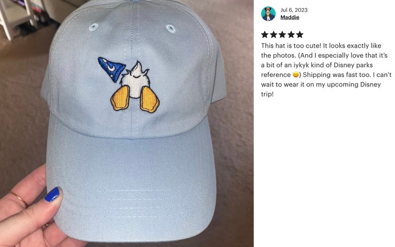 May include: A light blue baseball cap with an embroidered image of a cartoon duck wearing a blue wizard hat. The duck is facing away from the viewer and has its wings outstretched.