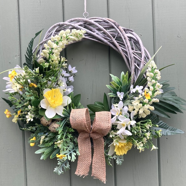 NEW Spring Grey Willow Faux Wreath With Quails Eggs